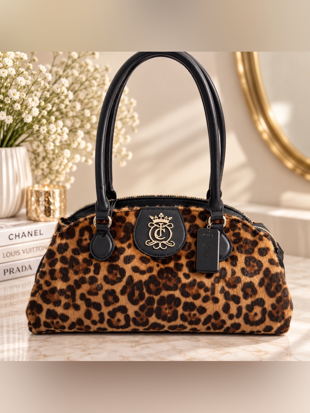 Juicy couture Leopard Print Satchel Handbag with Black Trim